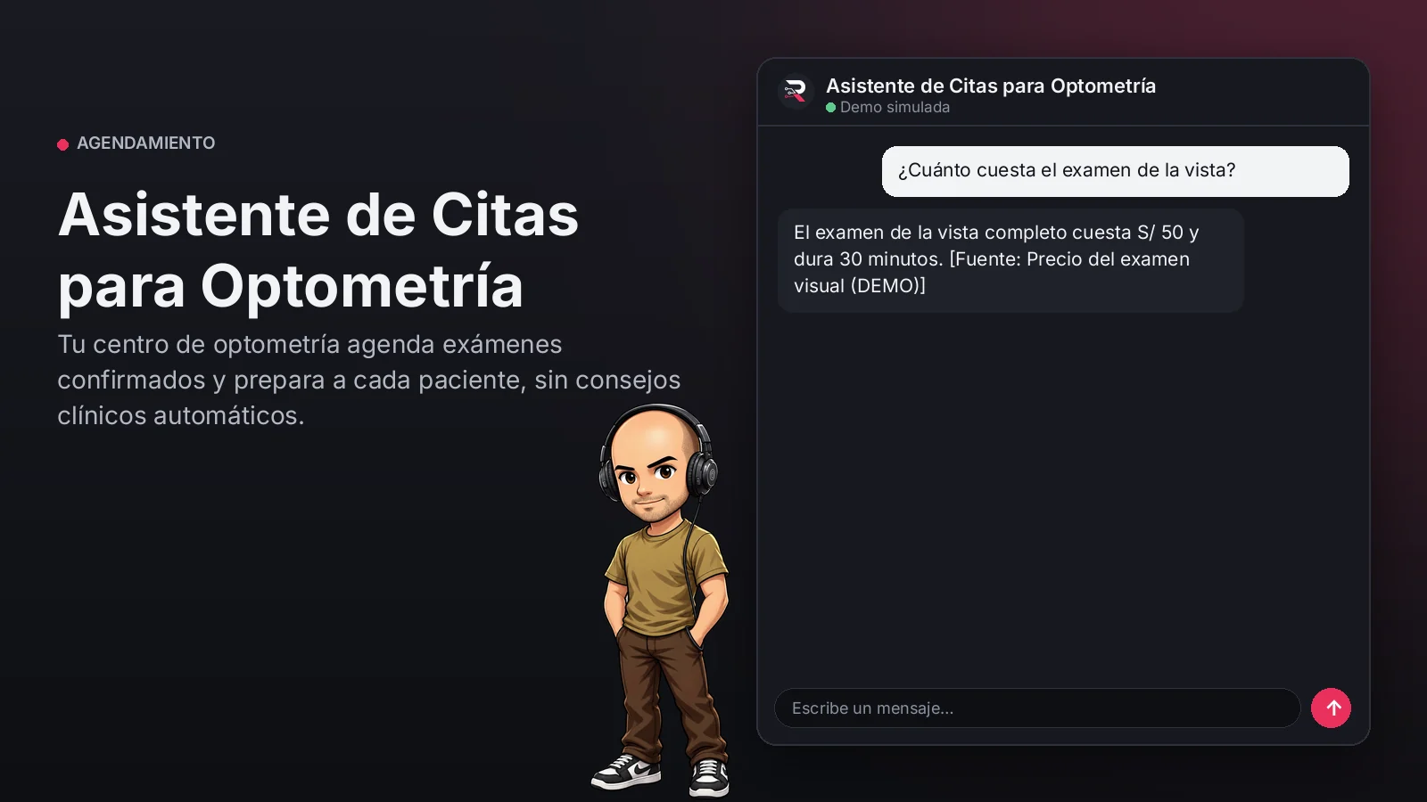 Imagen principal: Asistente de Citas para Optometría. Tu centro de optometría agenda exámenes confirmados y prepara a cada paciente, sin consejos clínicos automáticos.
