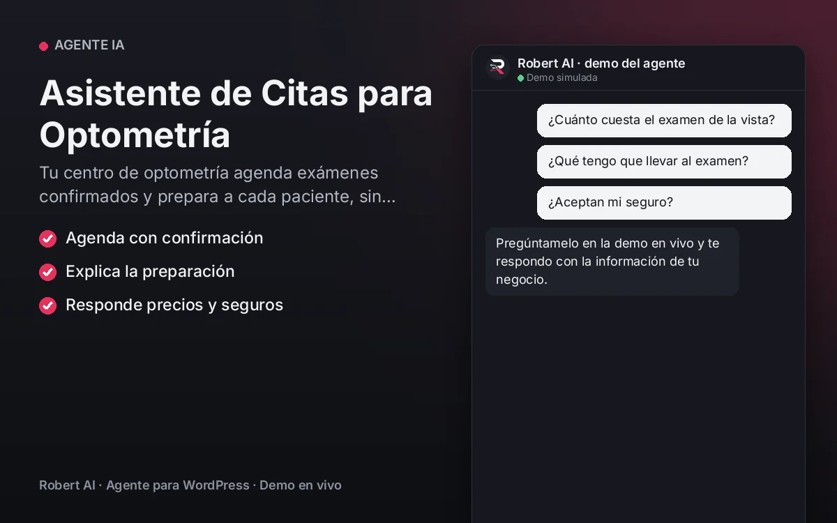 Portada: Asistente de Citas para Optometría. Tu centro de optometría agenda exámenes confirmados y prepara a cada paciente, sin consejos clínicos automáticos.