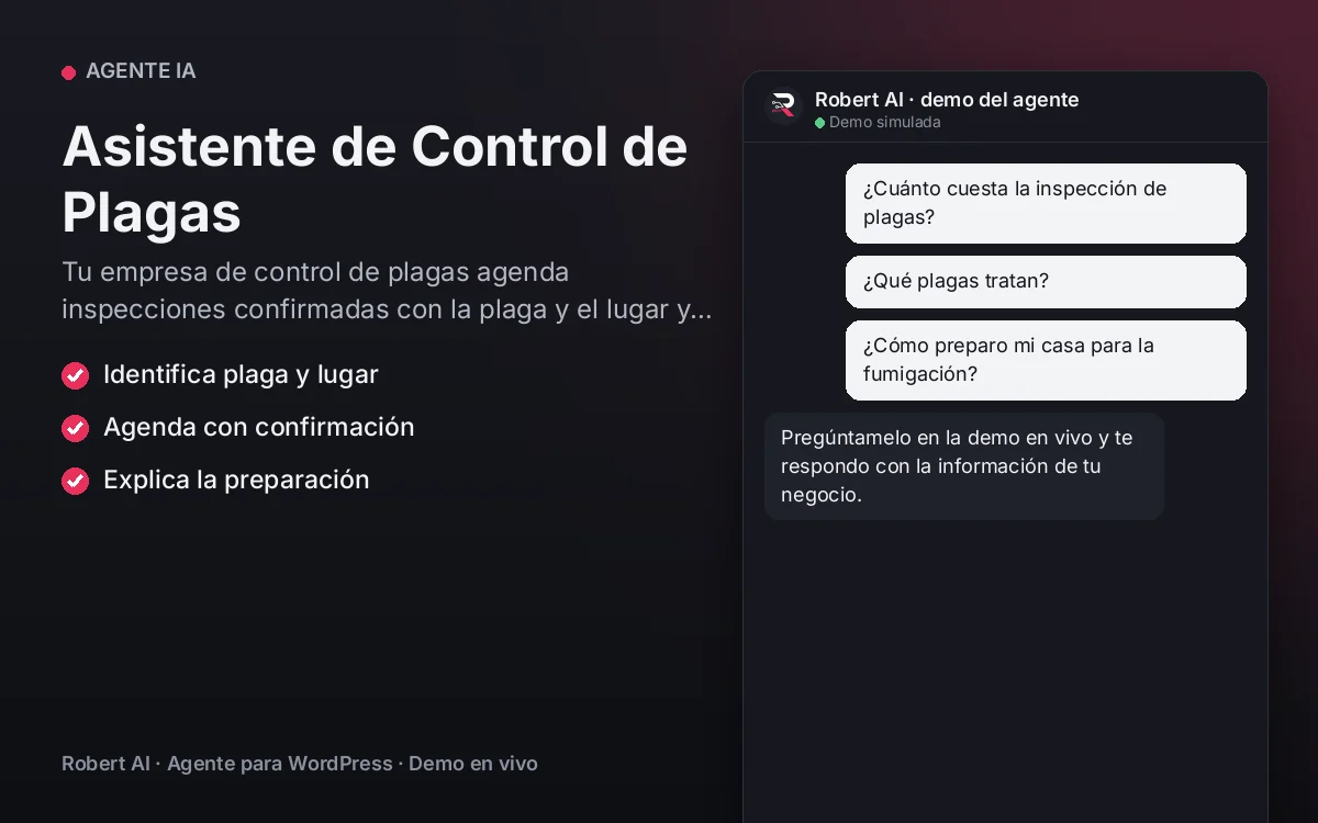 Portada: Asistente de Control de Plagas. Tu empresa de control de plagas agenda inspecciones confirmadas con la plaga y el lugar ya identificados.