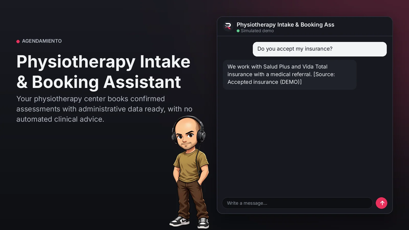 Hero image: Physiotherapy Intake & Booking Assistant. Your physiotherapy center books confirmed assessments with administrative data ready, with no automated clinical advice.