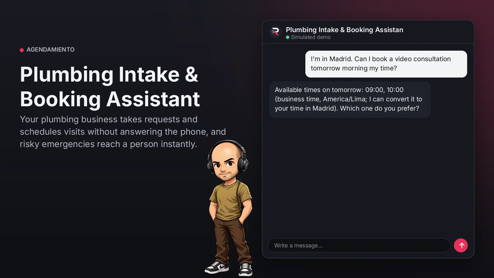 Hero image: Plumbing Intake & Booking Assistant. Your plumbing business takes requests and schedules visits without answering the phone, and risky emergencies reach a person instantly.