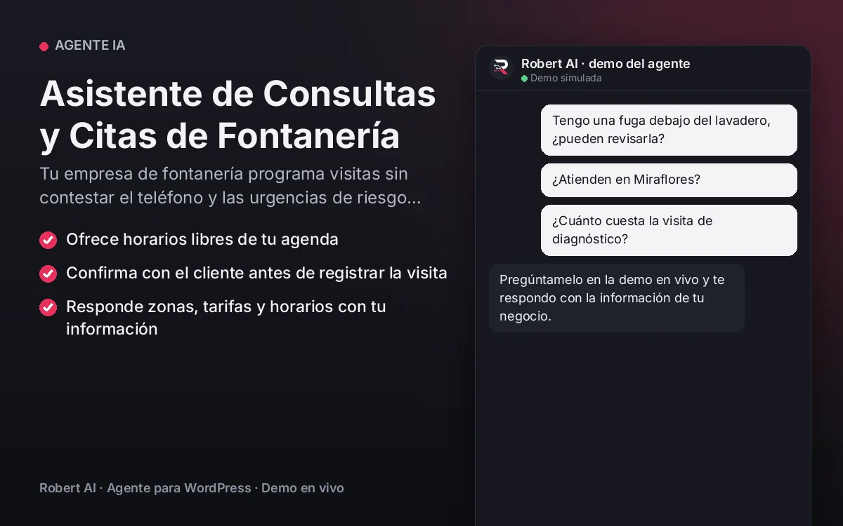 Portada: Asistente de Consultas y Citas de Fontanería. Tu empresa de fontanería programa visitas sin contestar el teléfono y las urgencias de riesgo llegan a una persona al instante.