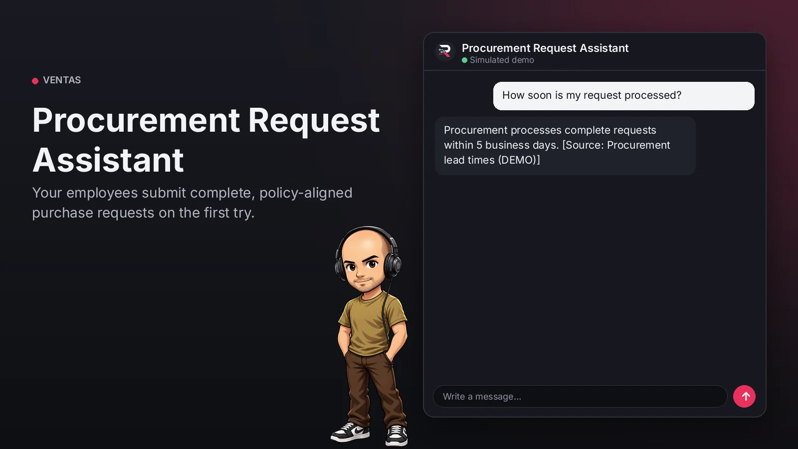 Hero image: Procurement Request Assistant. Your employees submit complete, policy-aligned purchase requests on the first try.