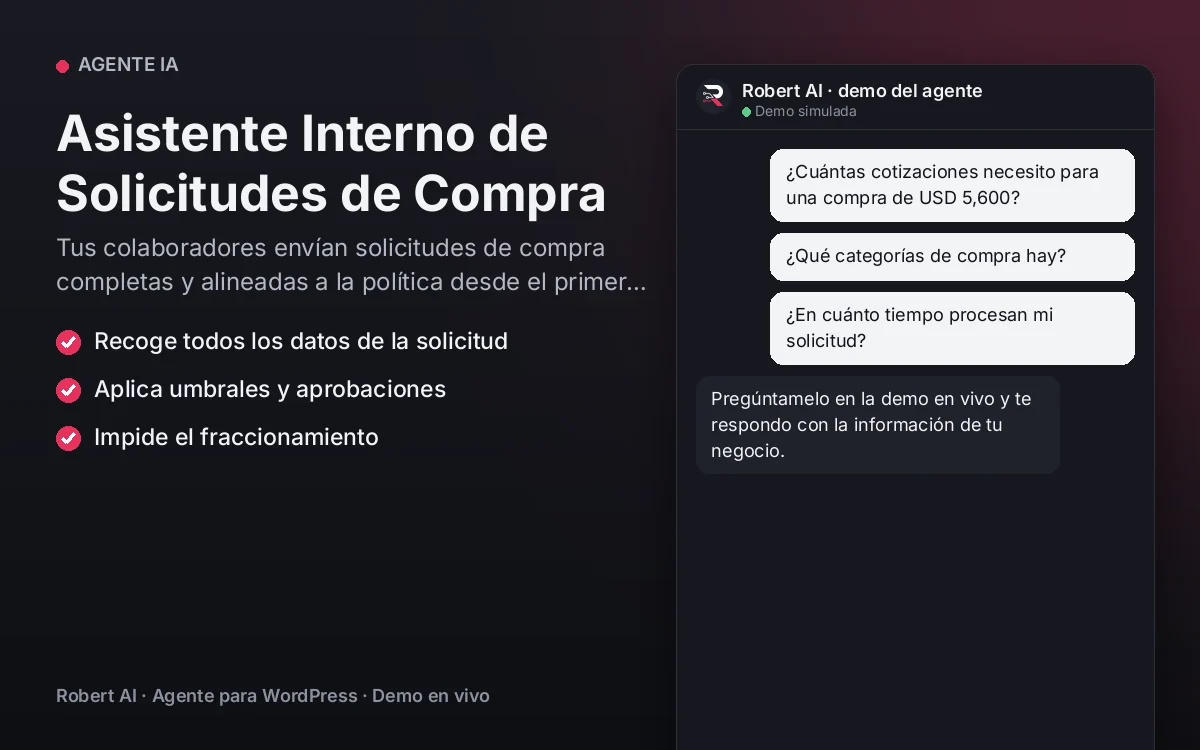 Portada: Asistente Interno de Solicitudes de Compra. Tus colaboradores envían solicitudes de compra completas y alineadas a la política desde el primer intento.