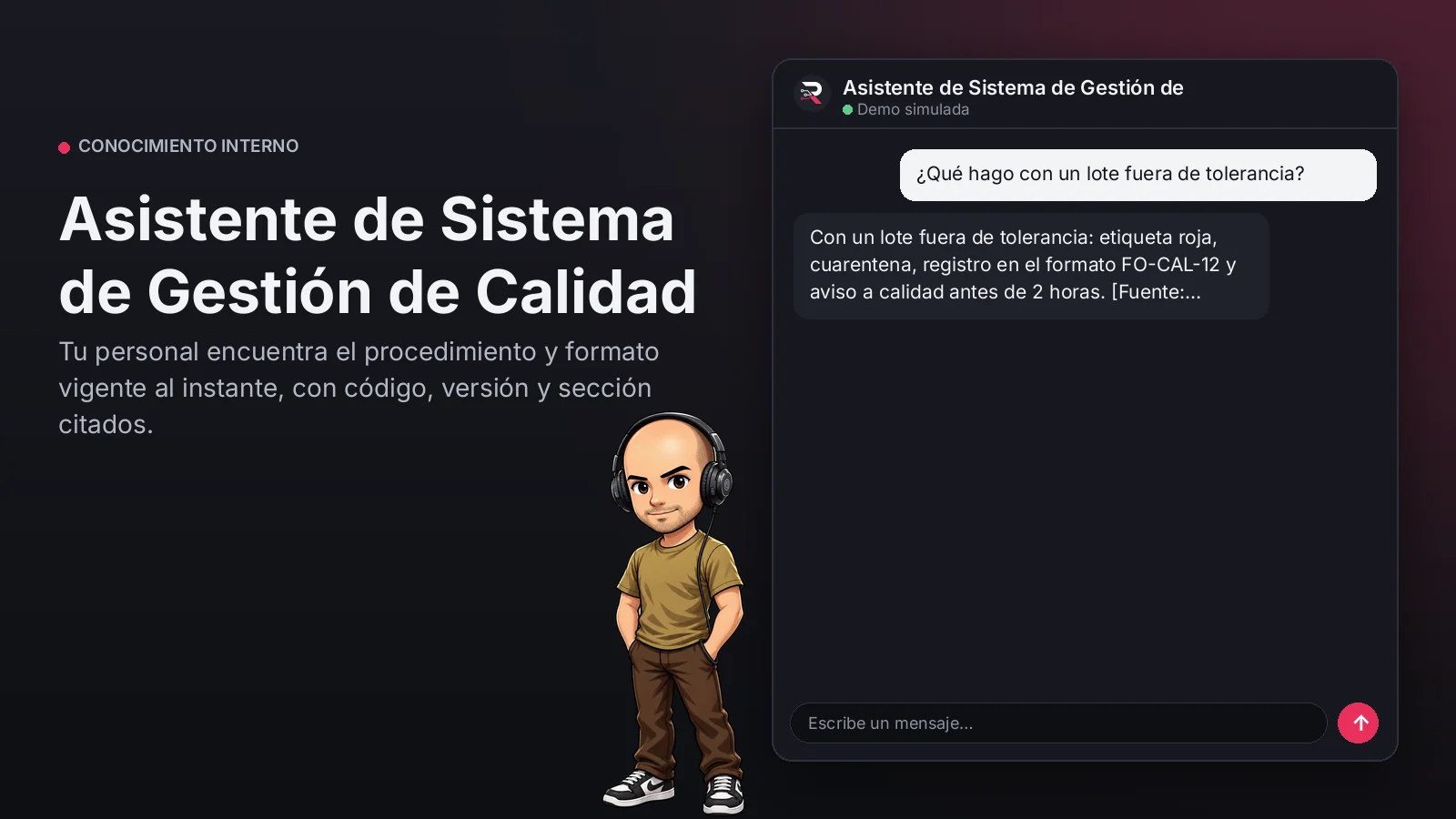 Imagen principal: Asistente de Sistema de Gestión de Calidad. Tu personal encuentra el procedimiento y formato vigente al instante, con código, versión y sección citados.