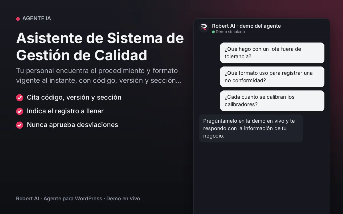 Portada: Asistente de Sistema de Gestión de Calidad. Tu personal encuentra el procedimiento y formato vigente al instante, con código, versión y sección citados.