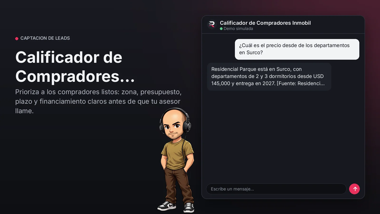 Imagen principal: Calificador de Compradores Inmobiliarios. Prioriza a los compradores listos: zona, presupuesto, plazo y financiamiento claros antes de que tu asesor llame.