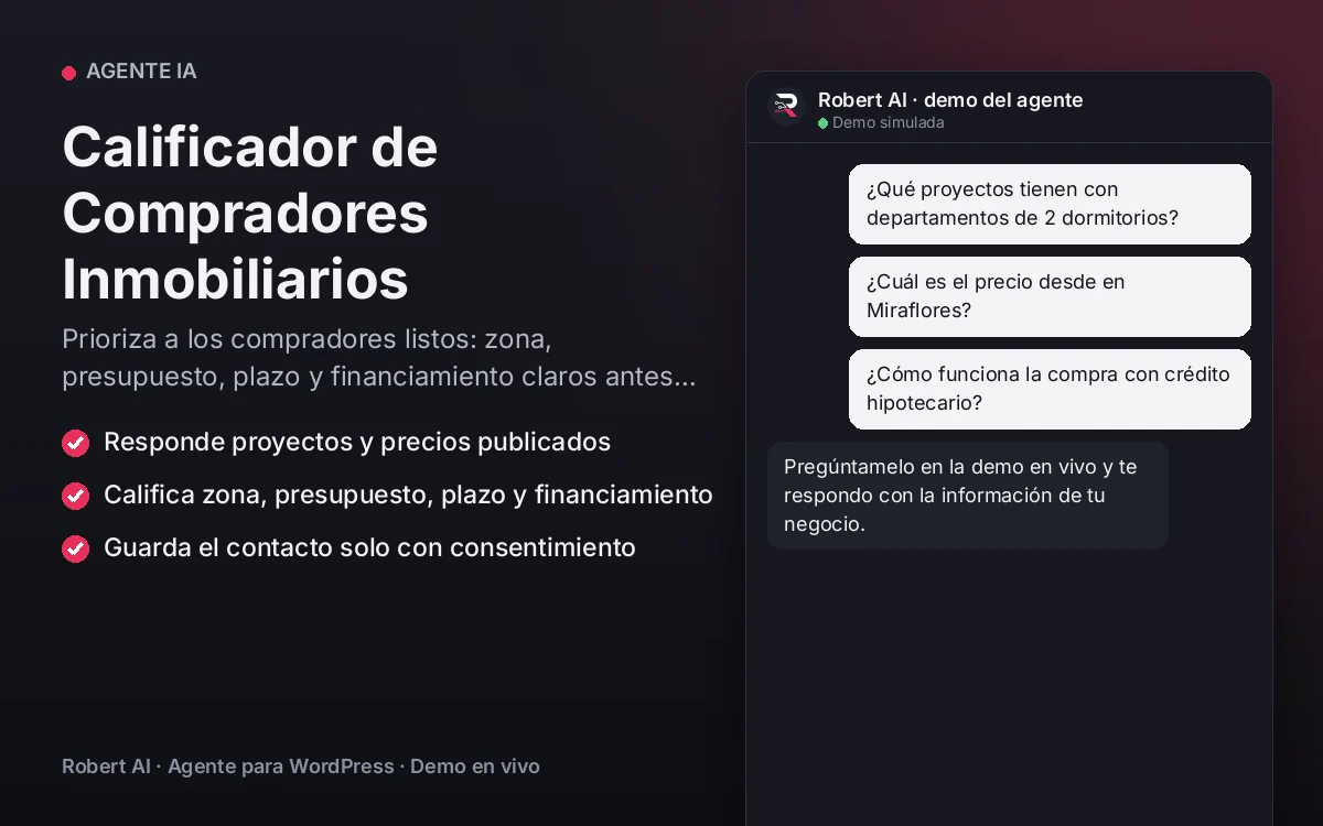 Portada: Calificador de Compradores Inmobiliarios. Prioriza a los compradores listos: zona, presupuesto, plazo y financiamiento claros antes de que tu asesor llame.