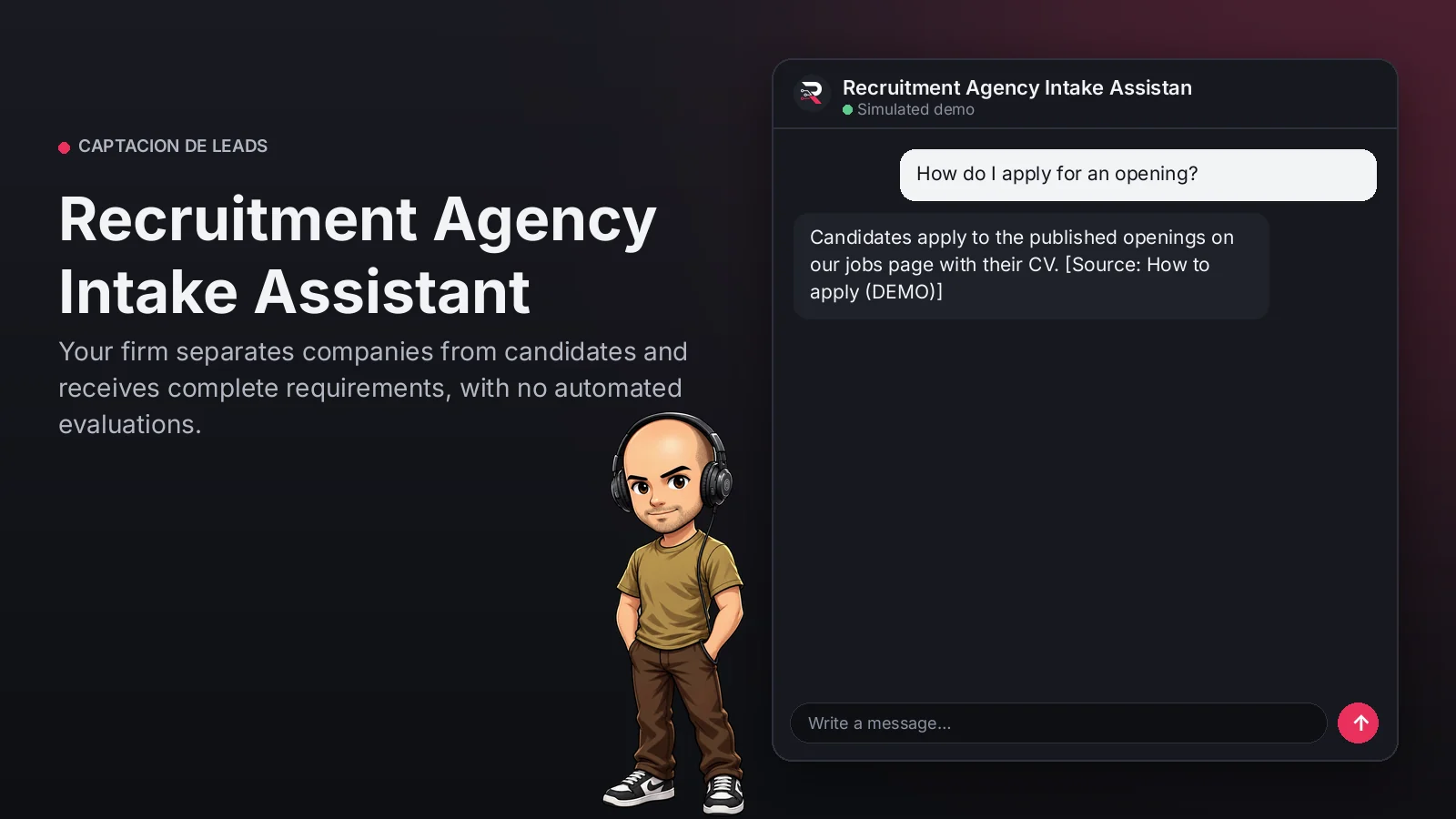 Hero image: Recruitment Agency Intake Assistant. Your firm separates companies from candidates and receives complete requirements, with no automated evaluations.