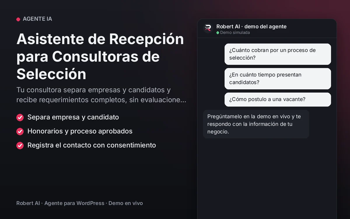 Portada: Asistente de Recepción para Consultoras de Selección. Tu consultora separa empresas y candidatos y recibe requerimientos completos, sin evaluaciones automáticas.