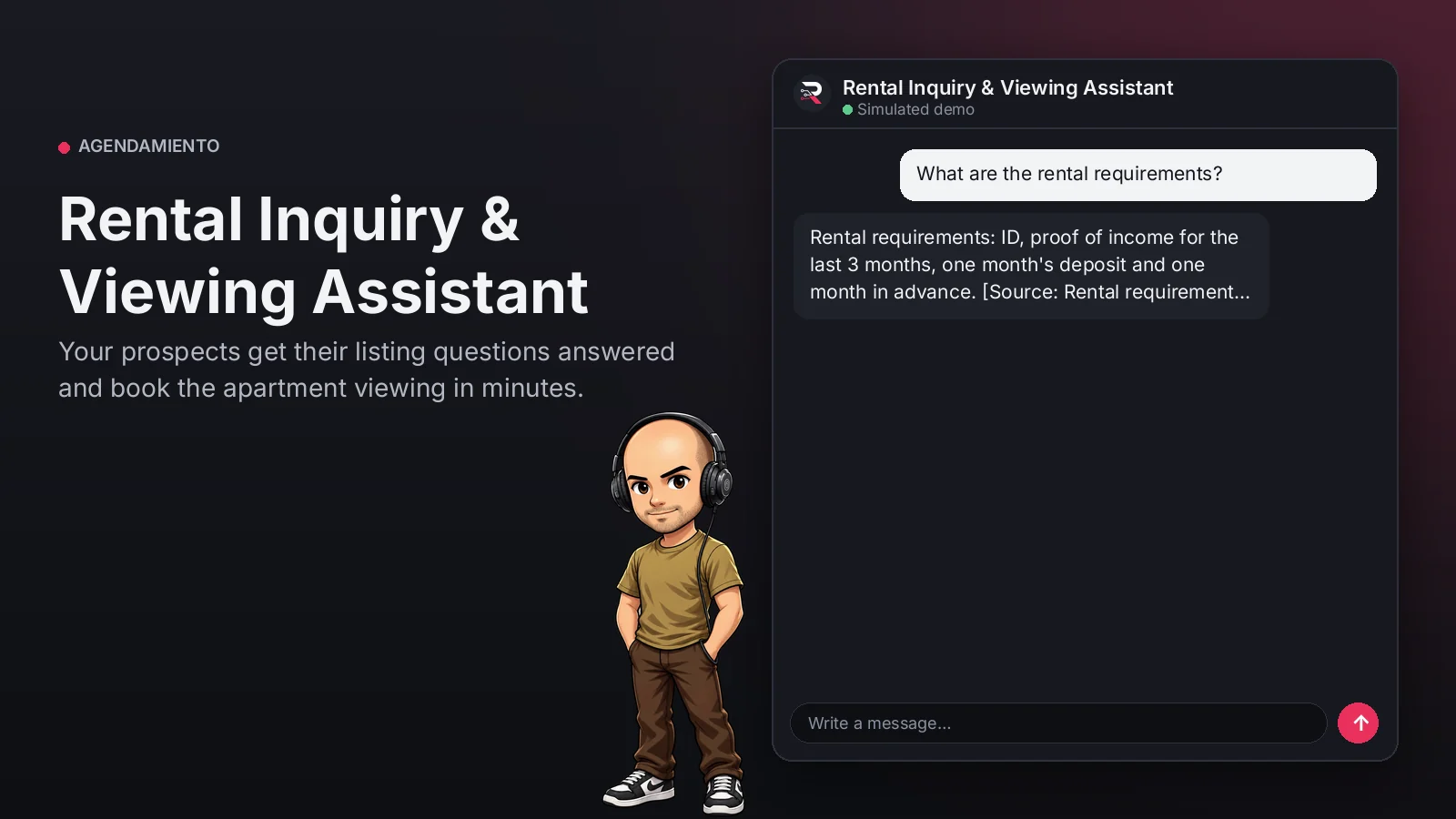 Hero image: Rental Inquiry & Viewing Assistant. Your prospects get their listing questions answered and book the apartment viewing in minutes.