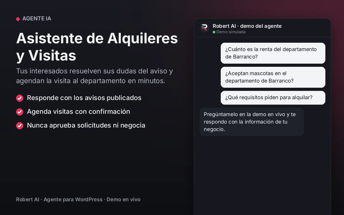 Portada: Asistente de Alquileres y Visitas. Tus interesados resuelven sus dudas del aviso y agendan la visita al departamento en minutos.