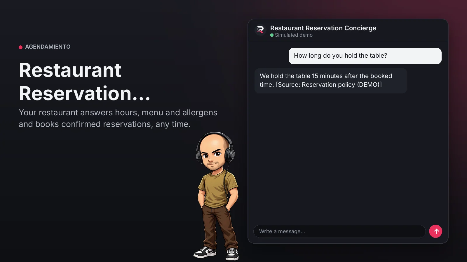 Hero image: Restaurant Reservation Concierge. Your restaurant answers hours, menu and allergens and books confirmed reservations, any time.