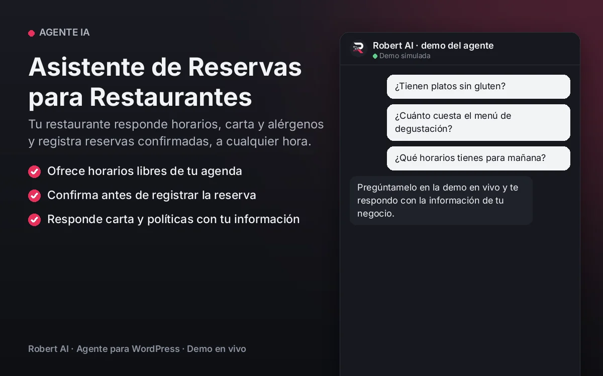 Portada: Asistente de Reservas para Restaurantes. Tu restaurante responde horarios, carta y alérgenos y registra reservas confirmadas, a cualquier hora.