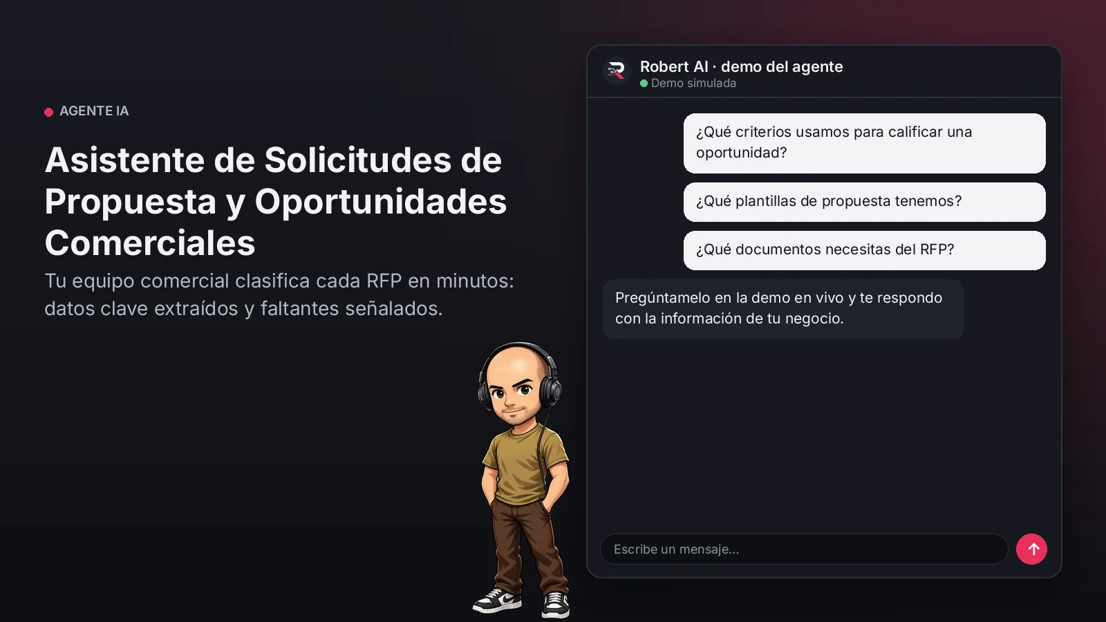Asistente de Solicitudes de Propuesta y Oportunidades Comerciales. Tu equipo comercial clasifica cada RFP en minutos: datos clave extraídos y faltantes señalados.