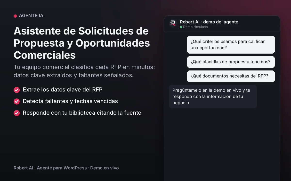 Portada: Asistente de Solicitudes de Propuesta y Oportunidades Comerciales. Tu equipo comercial clasifica cada RFP en minutos: datos clave extraídos y faltantes señalados.