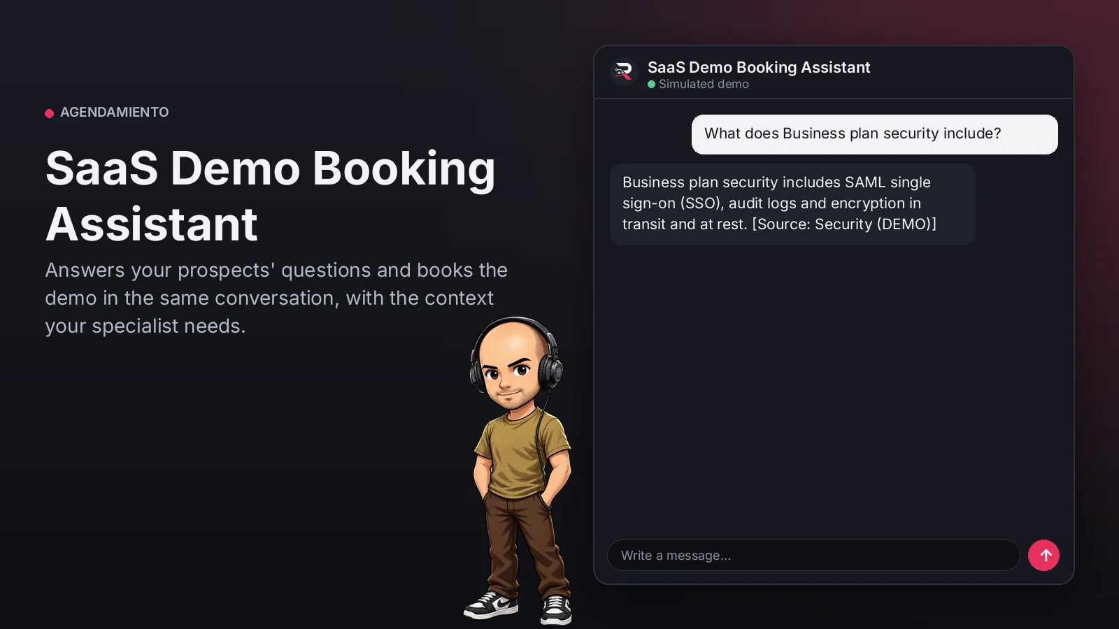 Hero image: SaaS Demo Booking Assistant. Answers your prospects' questions and books the demo in the same conversation, with the context your specialist needs.