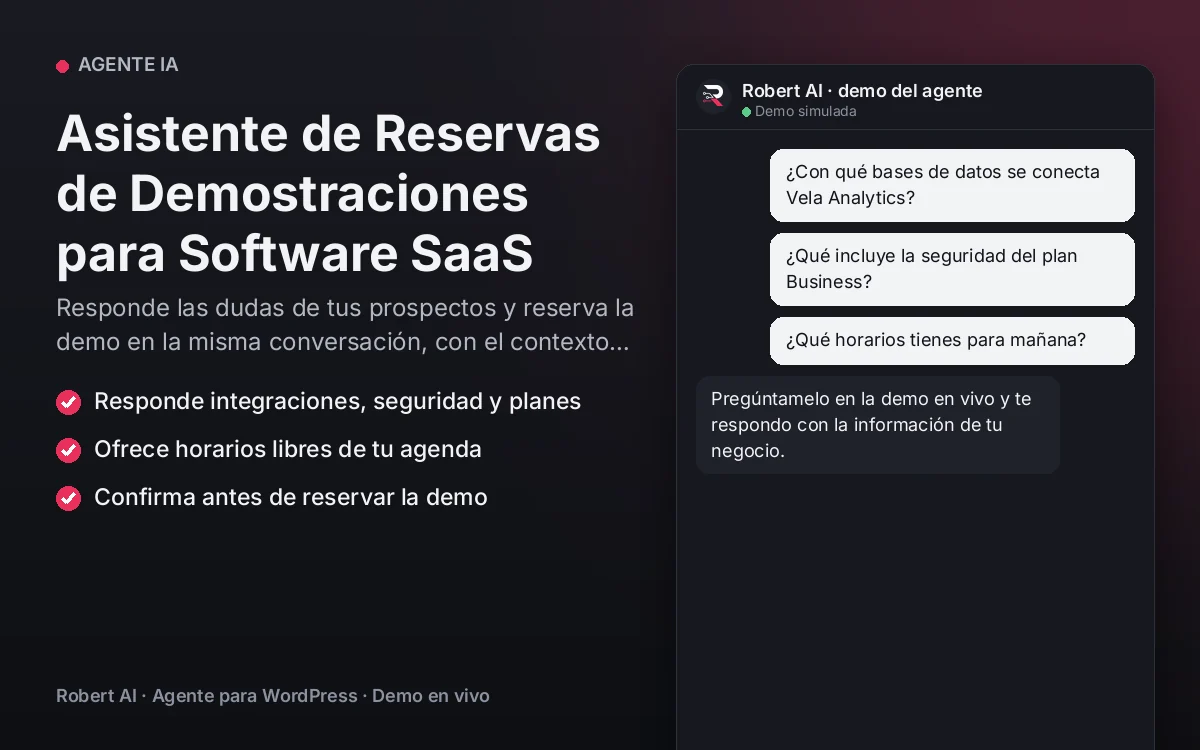 Portada: Asistente de Reservas de Demostraciones para Software SaaS. Responde las dudas de tus prospectos y reserva la demo en la misma conversación, con el contexto que tu especialista necesita.