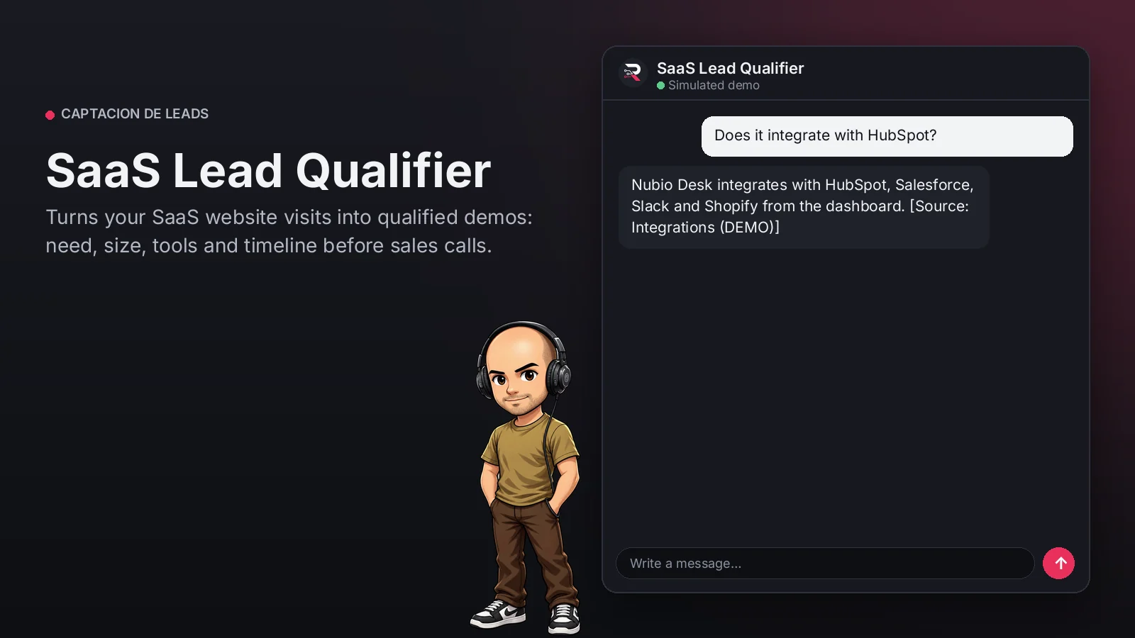 Hero image: SaaS Lead Qualifier. Turns your SaaS website visits into qualified demos: need, size, tools and timeline before sales calls.