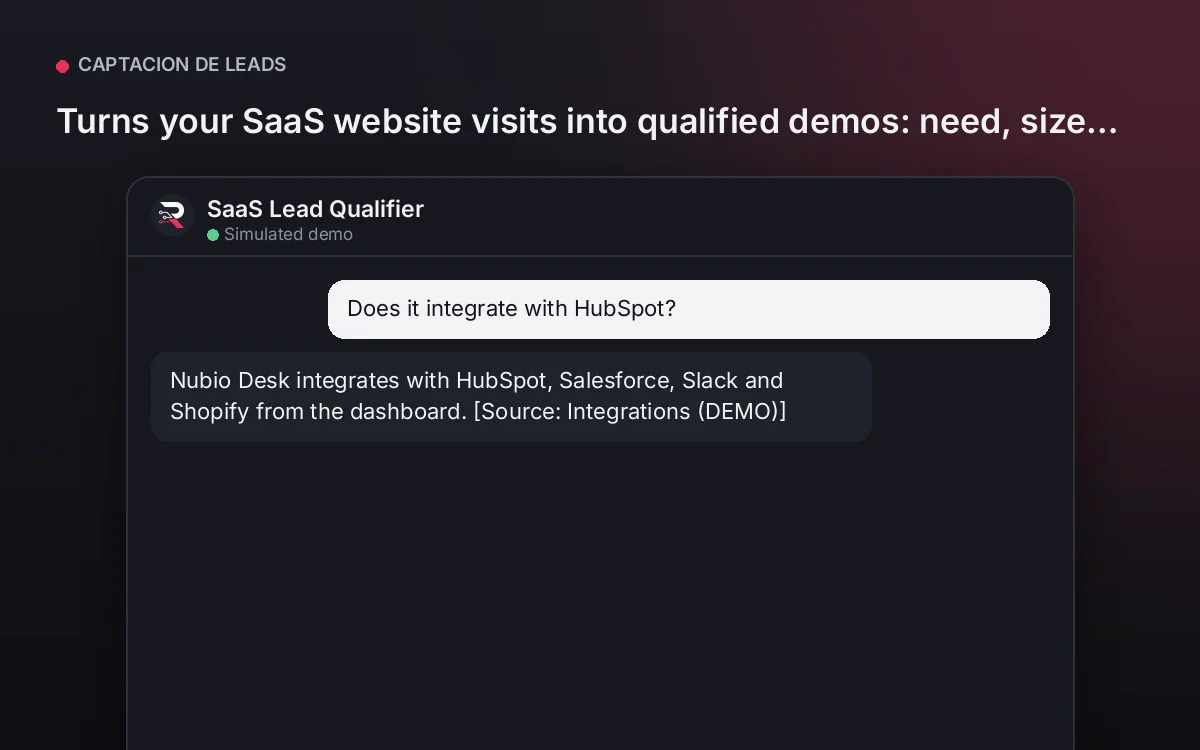 Cover: SaaS Lead Qualifier. Turns your SaaS website visits into qualified demos: need, size, tools and timeline before sales calls.