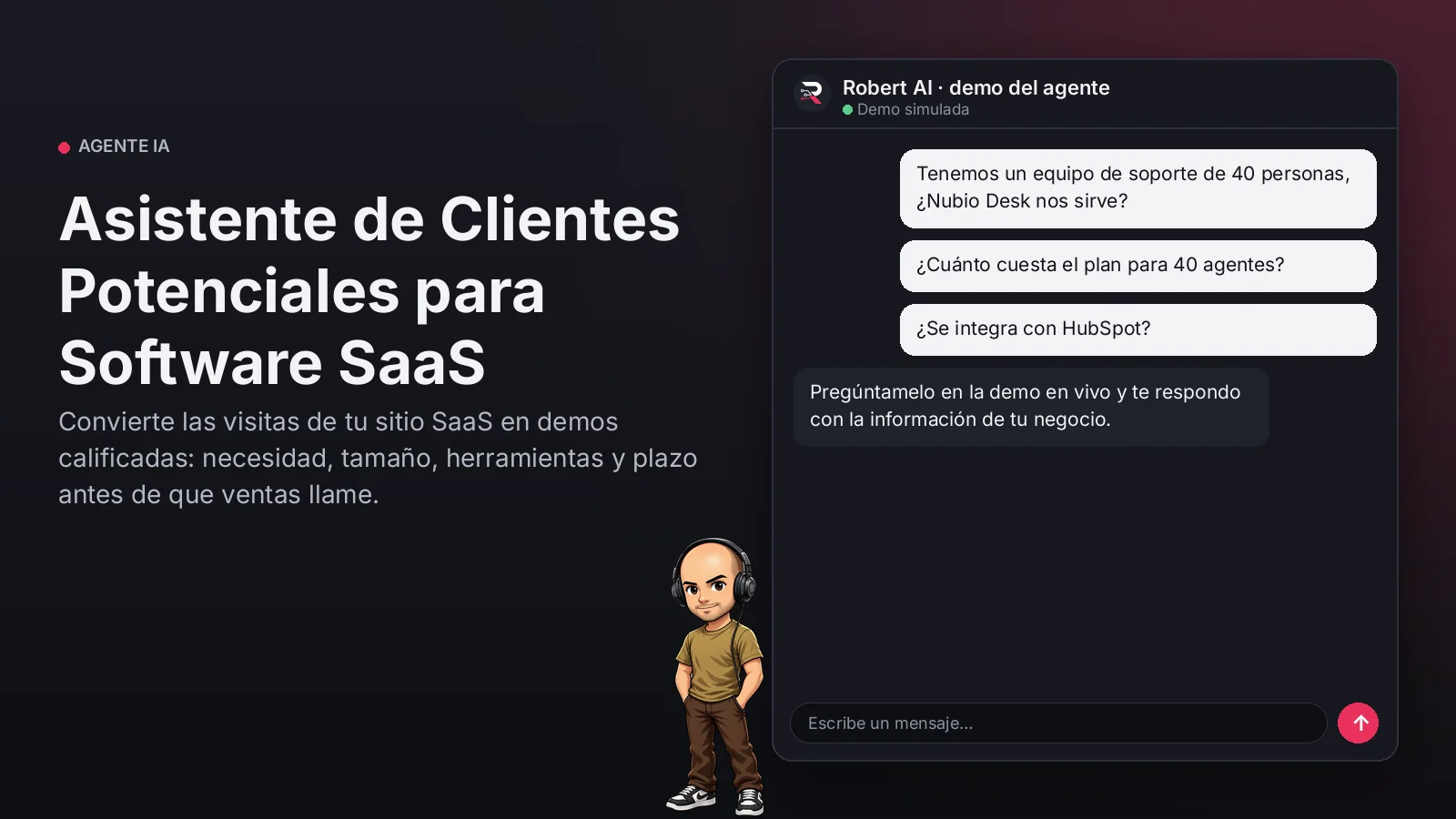 Asistente de Clientes Potenciales para Software SaaS. Convierte las visitas de tu sitio SaaS en demos calificadas: necesidad, tamaño, herramientas y plazo antes de que ventas llame.