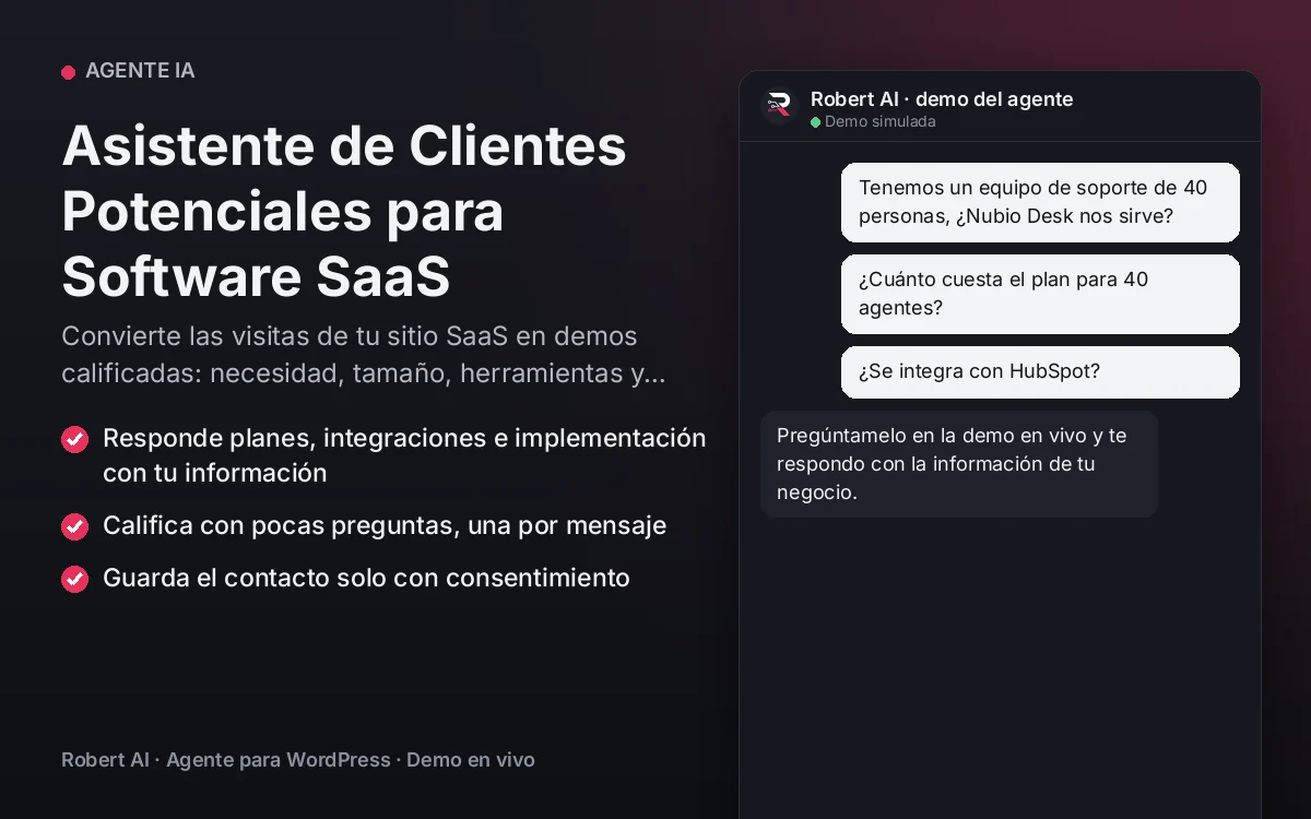 Portada: Asistente de Clientes Potenciales para Software SaaS. Convierte las visitas de tu sitio SaaS en demos calificadas: necesidad, tamaño, herramientas y plazo antes de que ventas llame.