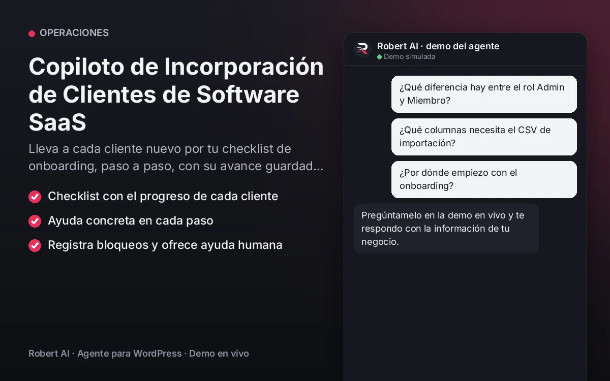 Portada: Copiloto de Incorporación de Clientes de Software SaaS. Lleva a cada cliente nuevo por tu checklist de onboarding, paso a paso, con su avance guardado y ayuda en cada paso.