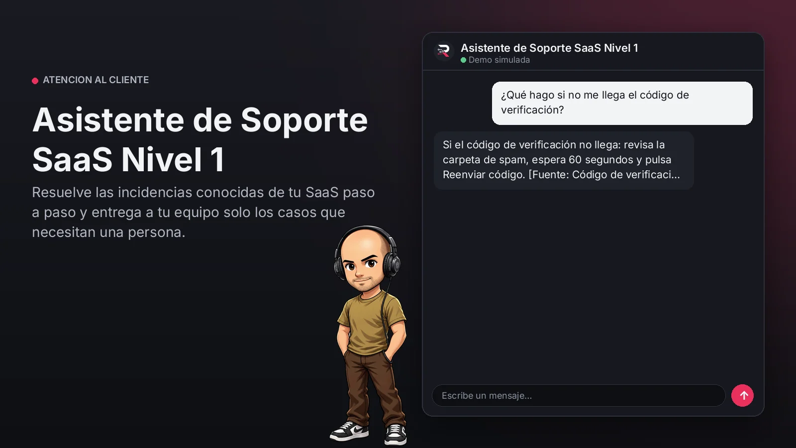 Imagen principal: Asistente de Soporte SaaS Nivel 1. Resuelve las incidencias conocidas de tu SaaS paso a paso y entrega a tu equipo solo los casos que necesitan una persona.
