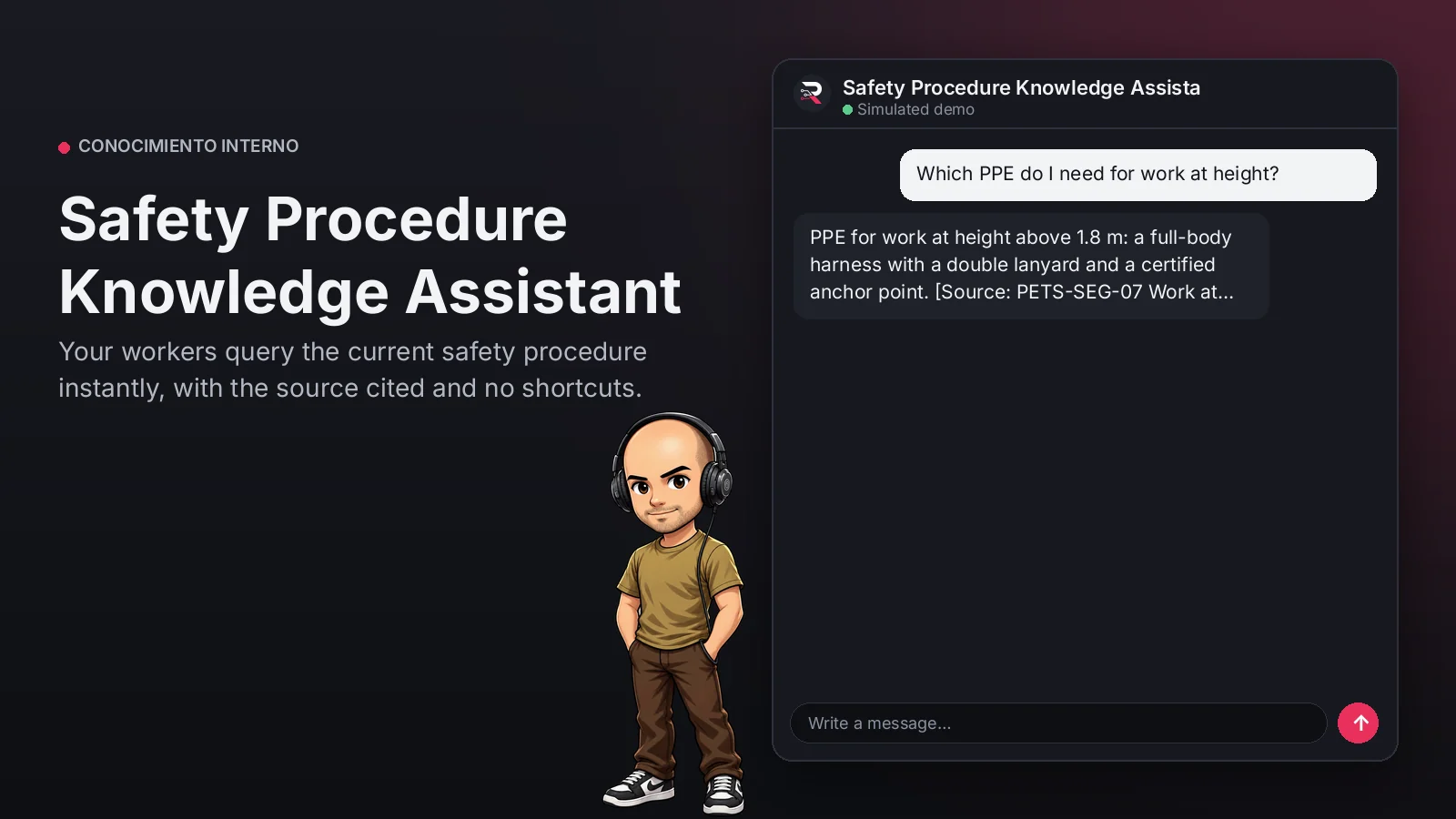 Hero image: Safety Procedure Knowledge Assistant. Your workers query the current safety procedure instantly, with the source cited and no shortcuts.