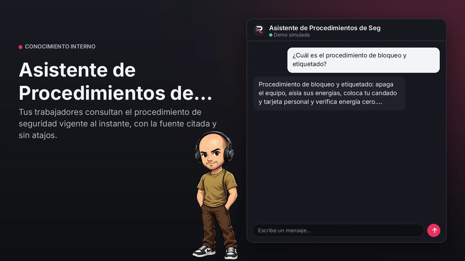 Imagen principal: Asistente de Procedimientos de Seguridad. Tus trabajadores consultan el procedimiento de seguridad vigente al instante, con la fuente citada y sin atajos.