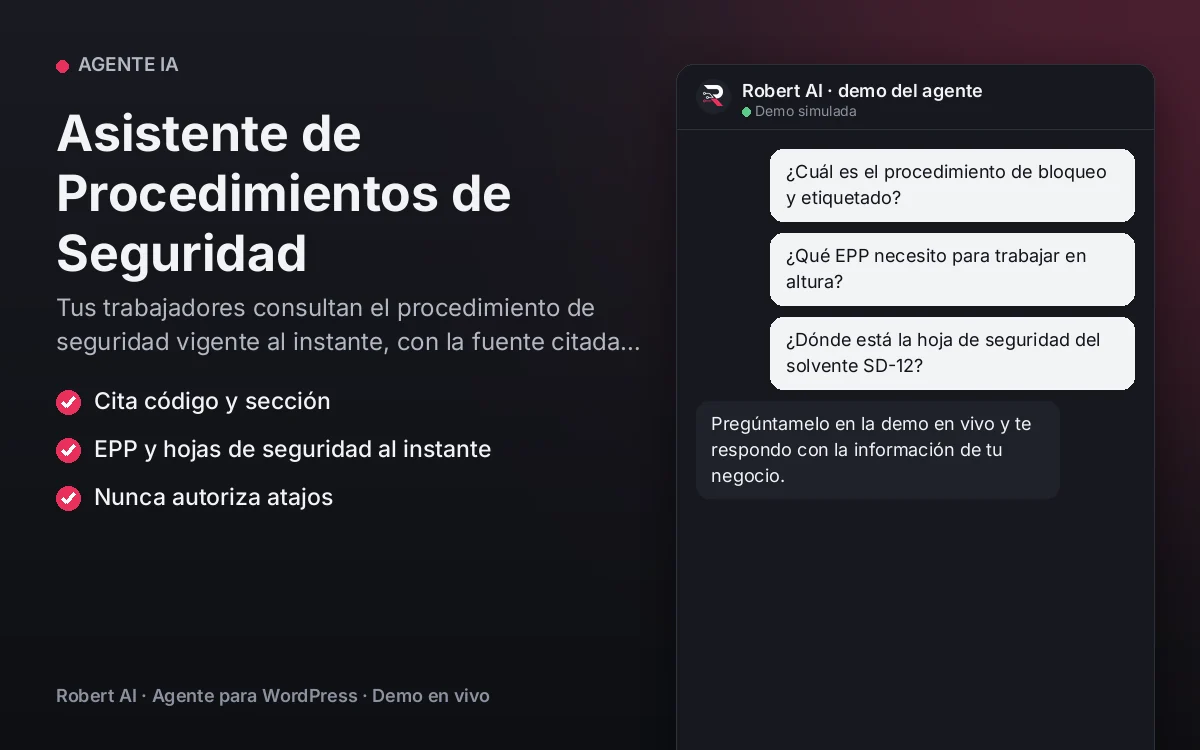 Portada: Asistente de Procedimientos de Seguridad. Tus trabajadores consultan el procedimiento de seguridad vigente al instante, con la fuente citada y sin atajos.