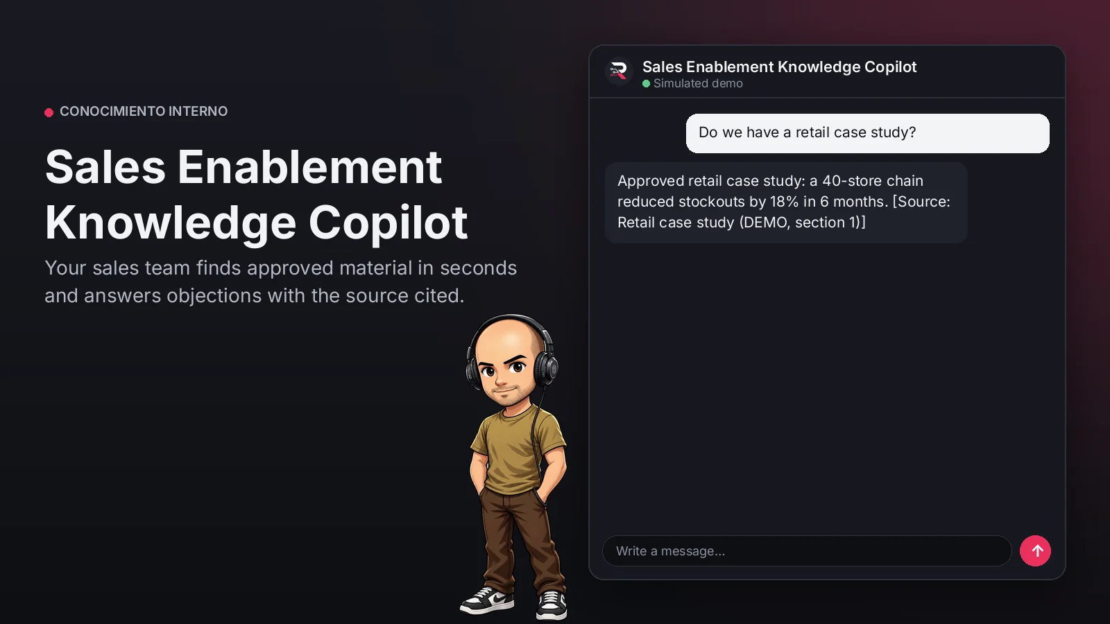 Hero image: Sales Enablement Knowledge Copilot. Your sales team finds approved material in seconds and answers objections with the source cited.