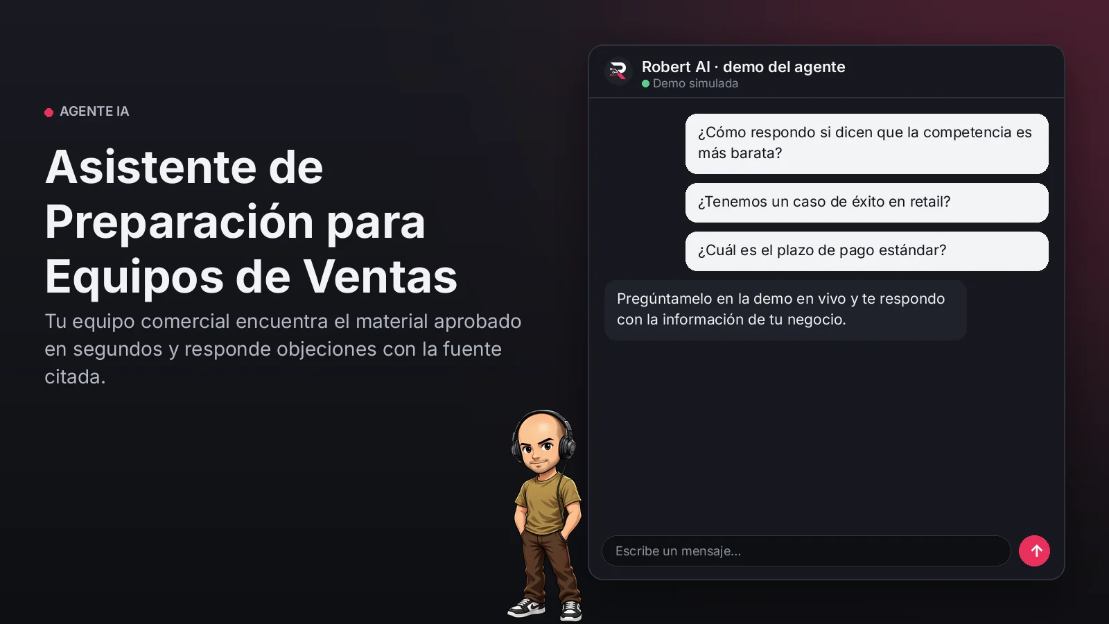Asistente de Preparación para Equipos de Ventas. Tu equipo comercial encuentra el material aprobado en segundos y responde objeciones con la fuente citada.
