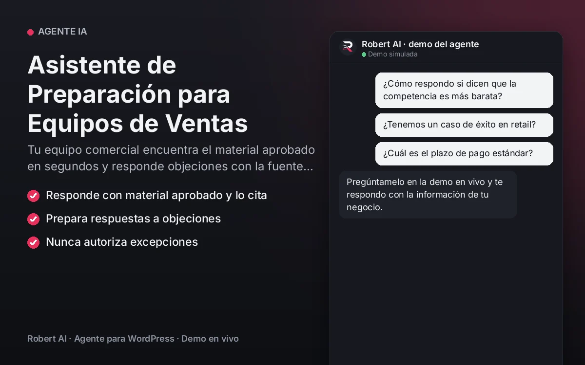 Portada: Asistente de Preparación para Equipos de Ventas. Tu equipo comercial encuentra el material aprobado en segundos y responde objeciones con la fuente citada.