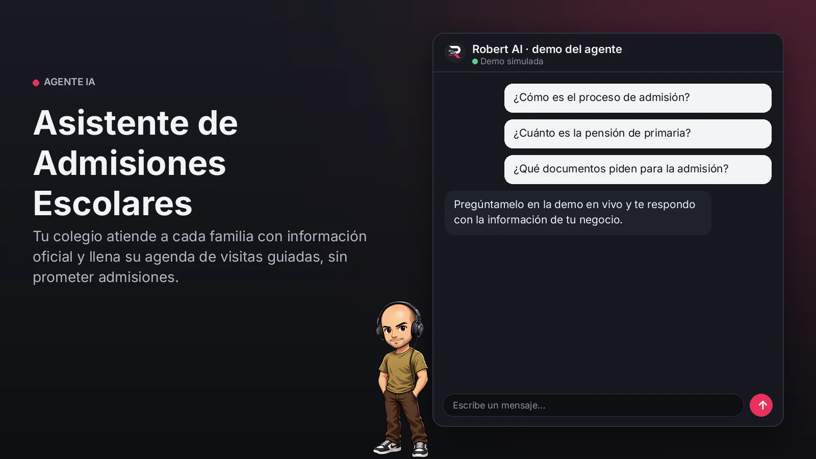 Asistente de Admisiones Escolares. Tu colegio atiende a cada familia con información oficial y llena su agenda de visitas guiadas, sin prometer admisiones.