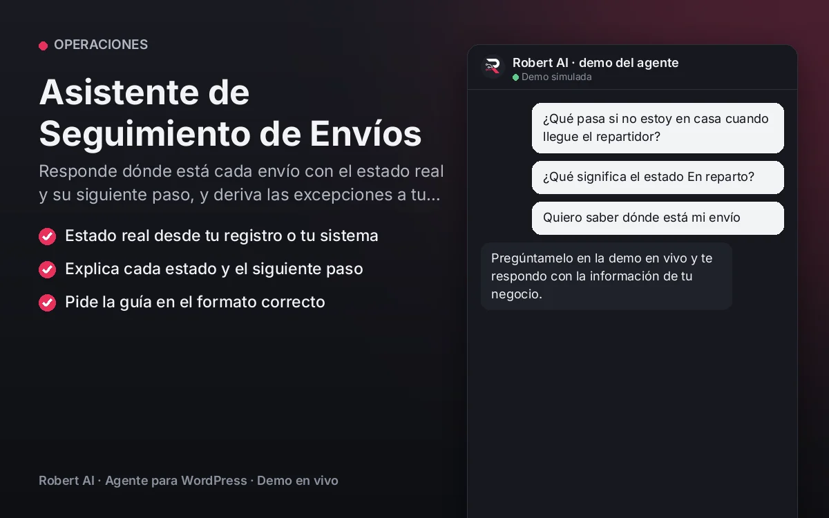 Portada: Asistente de Seguimiento de Envíos. Responde dónde está cada envío con el estado real y su siguiente paso, y deriva las excepciones a tu equipo.
