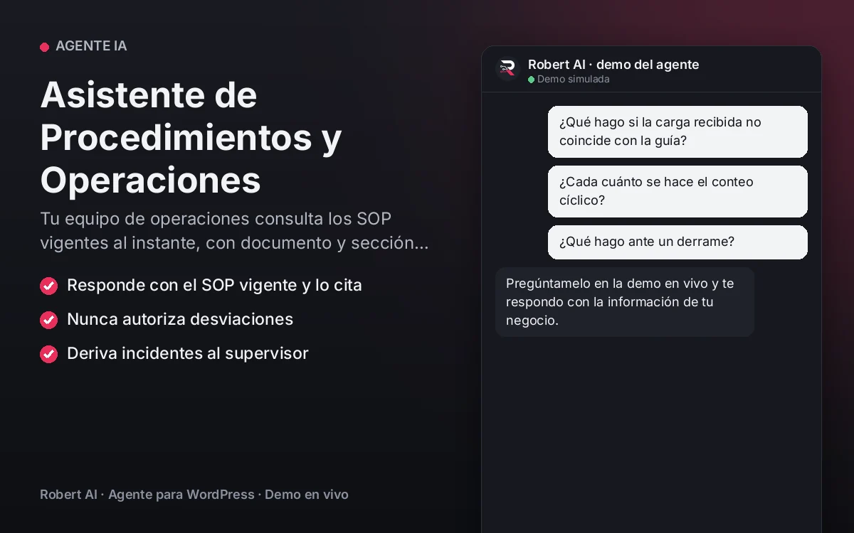 Portada: Asistente de Procedimientos y Operaciones. Tu equipo de operaciones consulta los SOP vigentes al instante, con documento y sección citados.