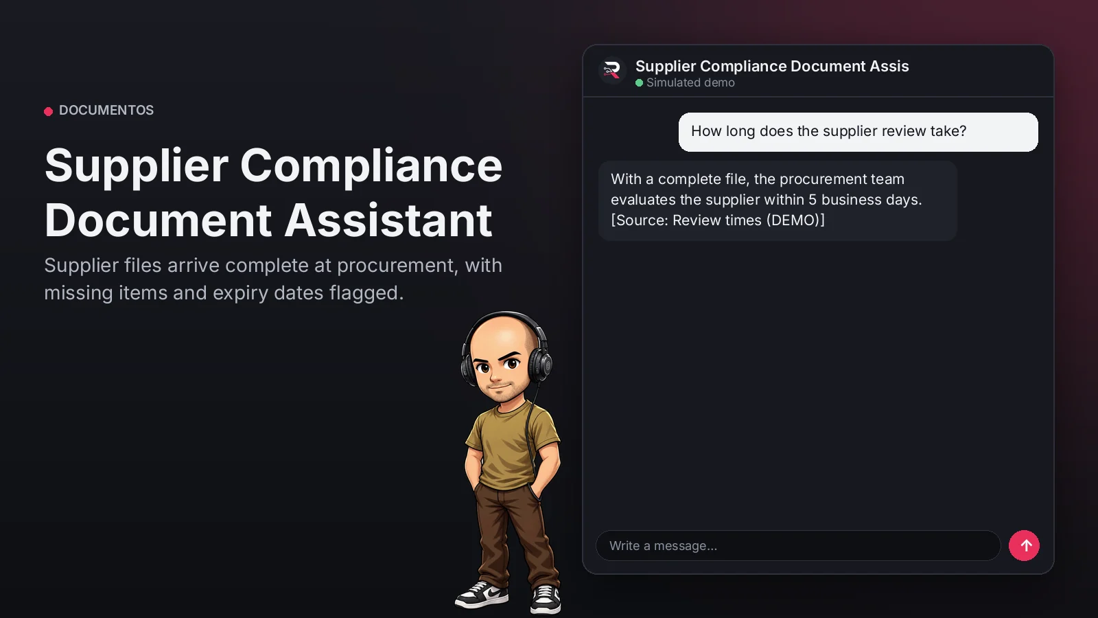 Hero image: Supplier Compliance Document Assistant. Supplier files arrive complete at procurement, with missing items and expiry dates flagged.