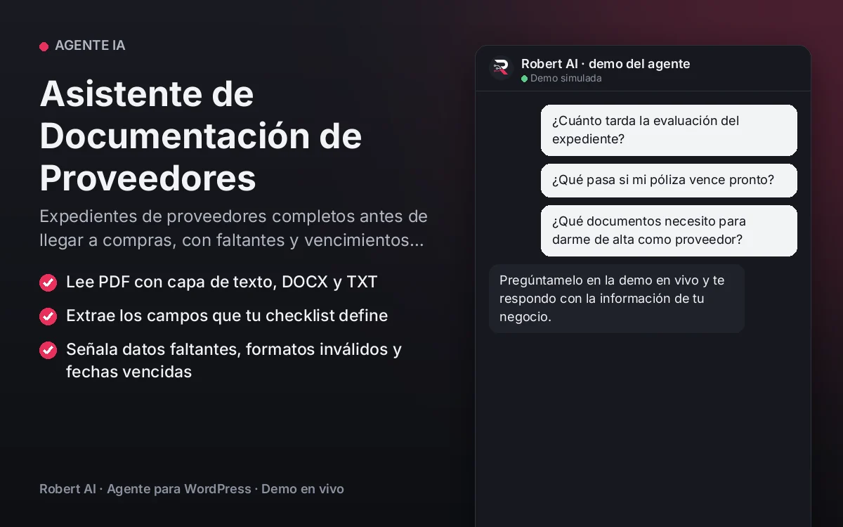 Portada: Asistente de Documentación de Proveedores. Expedientes de proveedores completos antes de llegar a compras, con faltantes y vencimientos señalados.