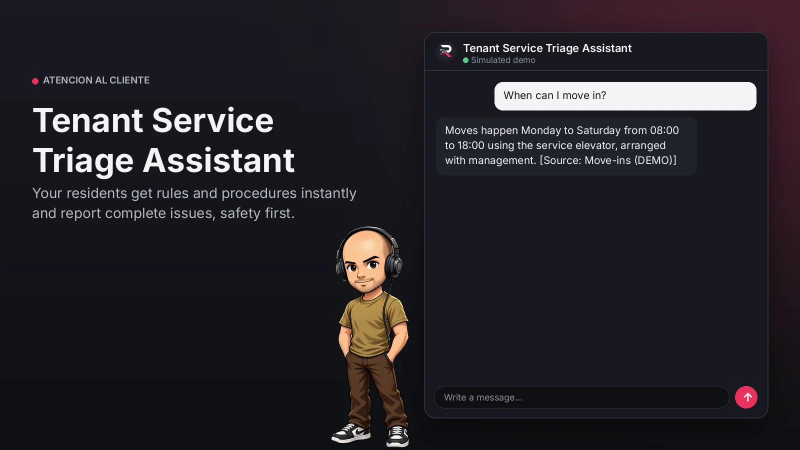 Hero image: Tenant Service Triage Assistant. Your residents get rules and procedures instantly and report complete issues, safety first.