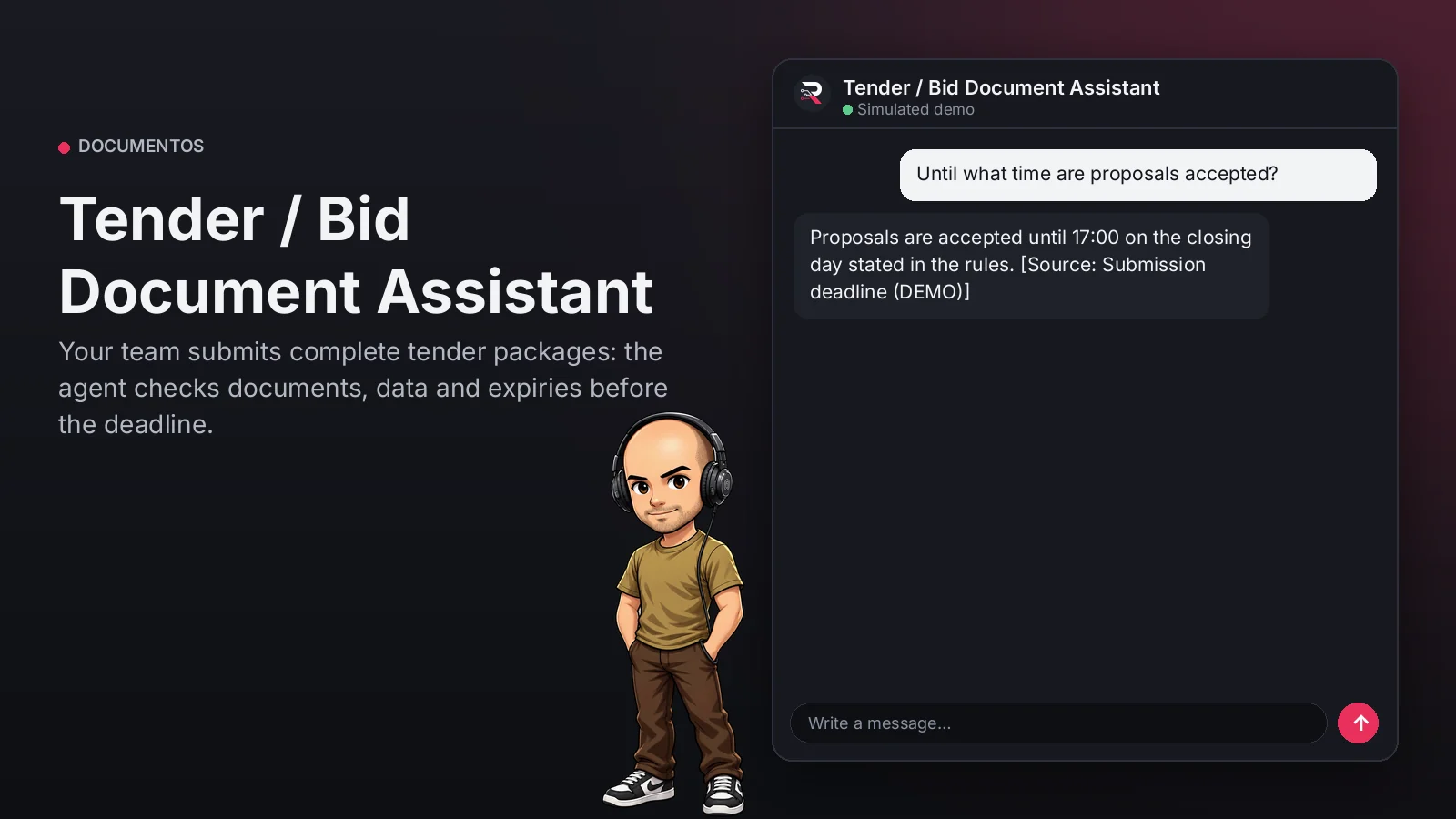 Hero image: Tender / Bid Document Assistant. Your team submits complete tender packages: the agent checks documents, data and expiries before the deadline.