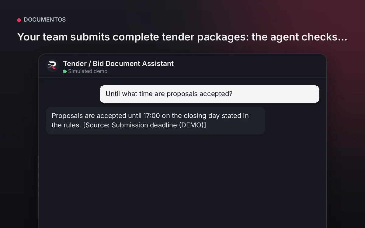 Cover: Tender / Bid Document Assistant. Your team submits complete tender packages: the agent checks documents, data and expiries before the deadline.