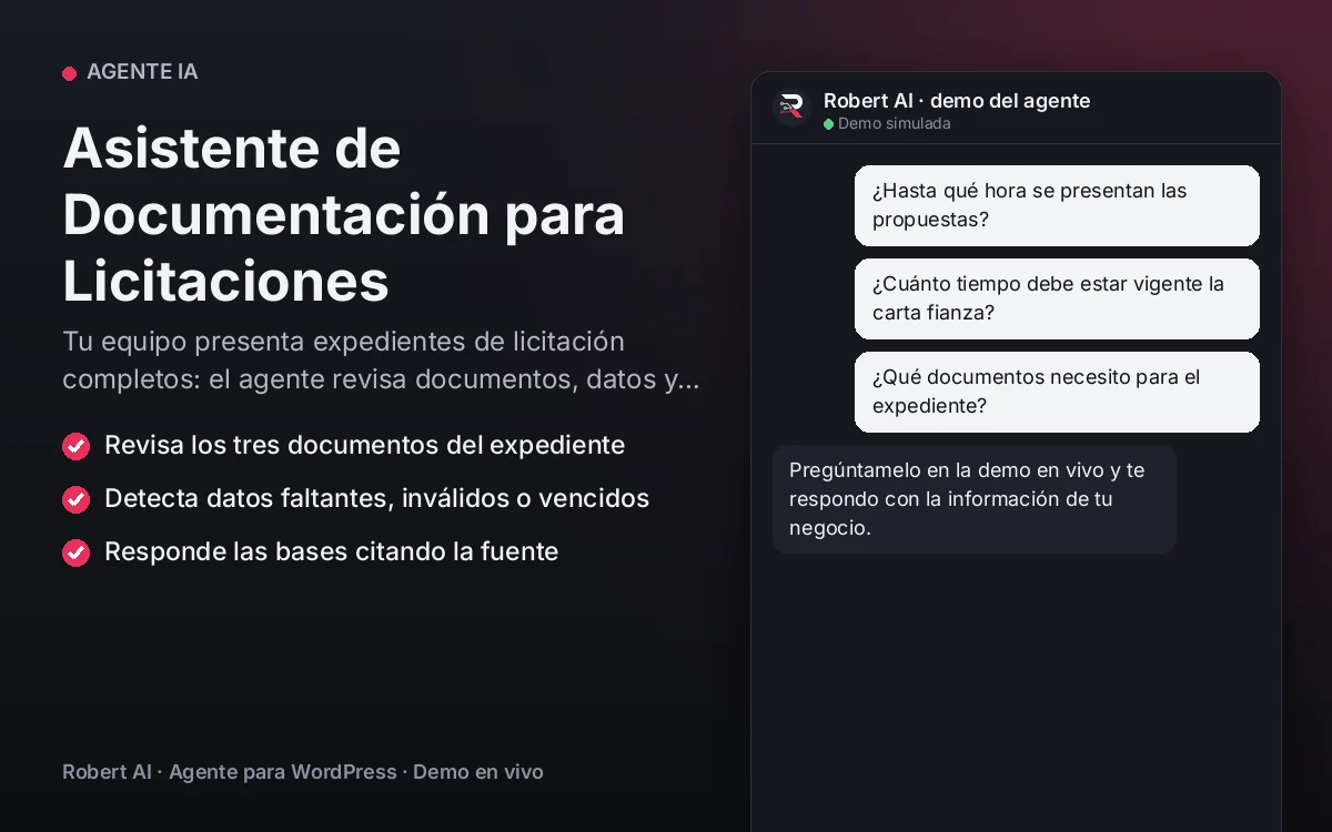 Portada: Asistente de Documentación para Licitaciones. Tu equipo presenta expedientes de licitación completos: el agente revisa documentos, datos y vencimientos antes del cierre.