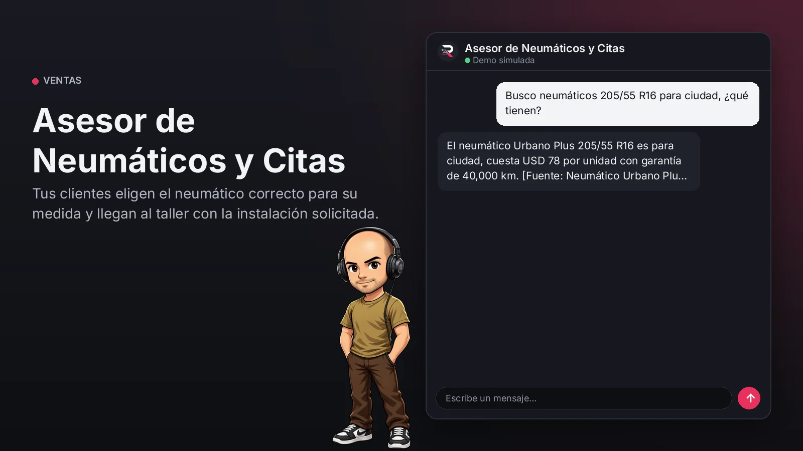 Imagen principal: Asesor de Neumáticos y Citas. Tus clientes eligen el neumático correcto para su medida y llegan al taller con la instalación solicitada.