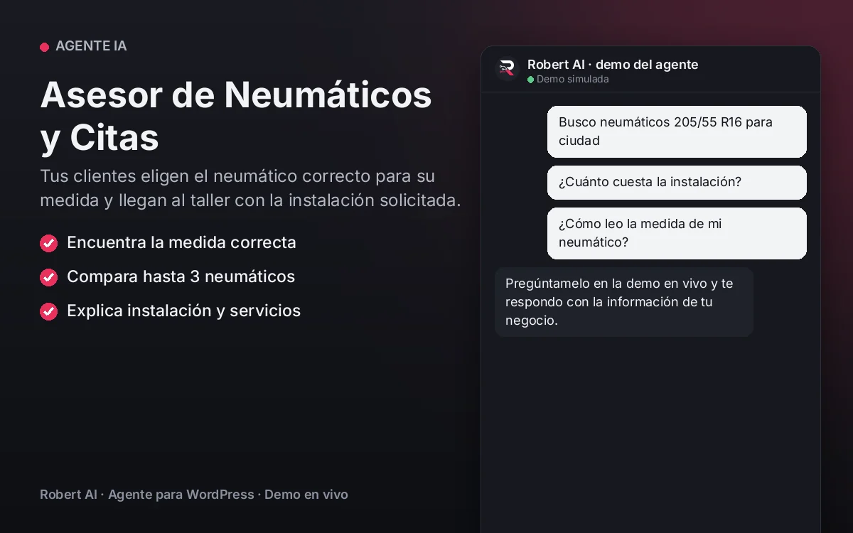 Portada: Asesor de Neumáticos y Citas. Tus clientes eligen el neumático correcto para su medida y llegan al taller con la instalación solicitada.