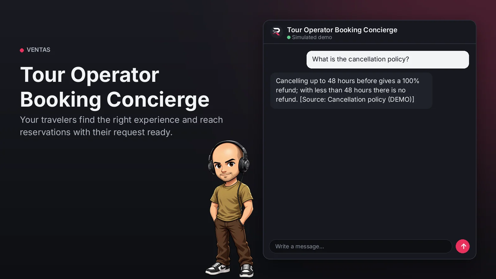 Hero image: Tour Operator Booking Concierge. Your travelers find the right experience and reach reservations with their request ready.