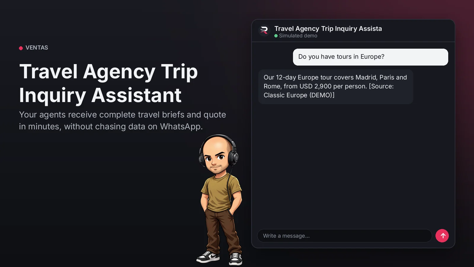 Hero image: Travel Agency Trip Inquiry Assistant. Your agents receive complete travel briefs and quote in minutes, without chasing data on WhatsApp.