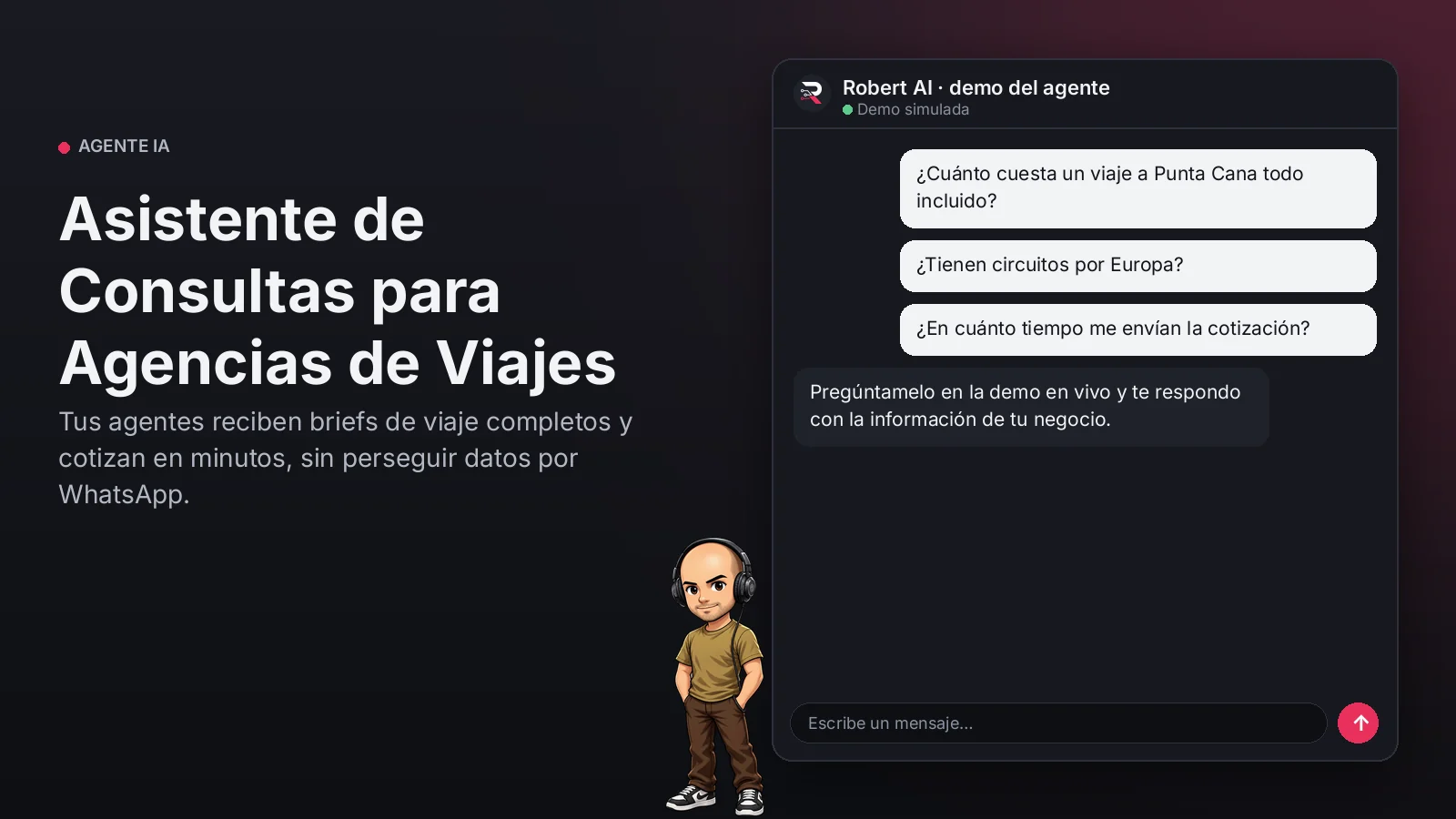 Asistente de Consultas para Agencias de Viajes. Tus agentes reciben briefs de viaje completos y cotizan en minutos, sin perseguir datos por WhatsApp.
