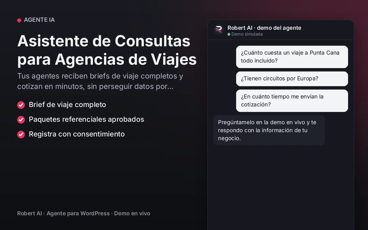 Portada: Asistente de Consultas para Agencias de Viajes. Tus agentes reciben briefs de viaje completos y cotizan en minutos, sin perseguir datos por WhatsApp.