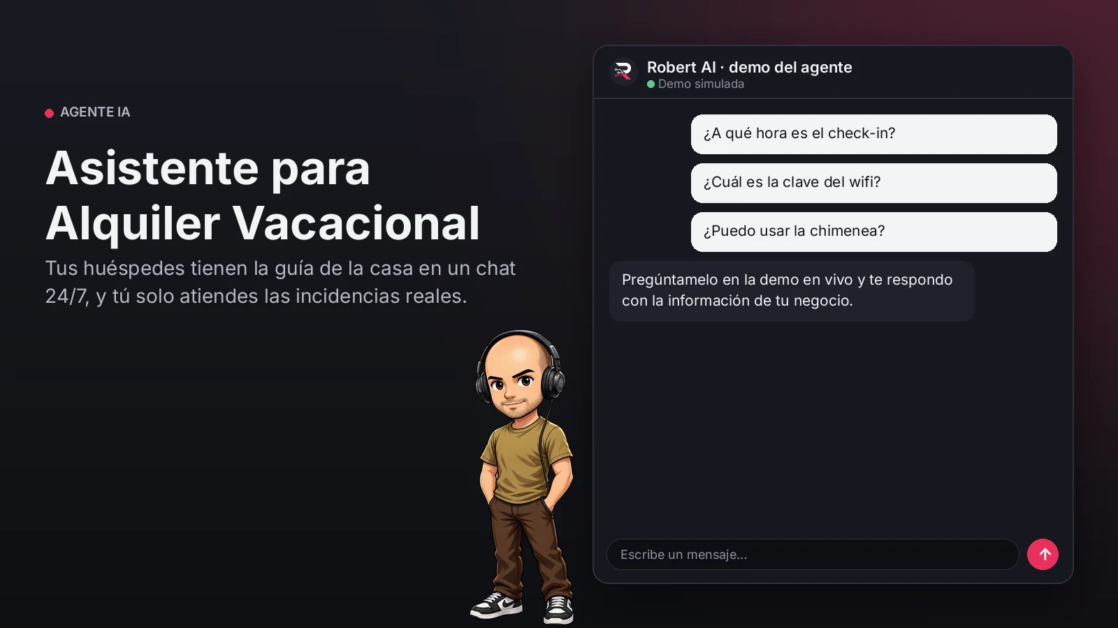 Asistente para Alquiler Vacacional. Tus huéspedes tienen la guía de la casa en un chat 24/7, y tú solo atiendes las incidencias reales.